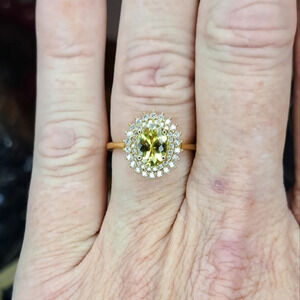 Brazilian Golden Apatite and Moissanite Double Halo Ring